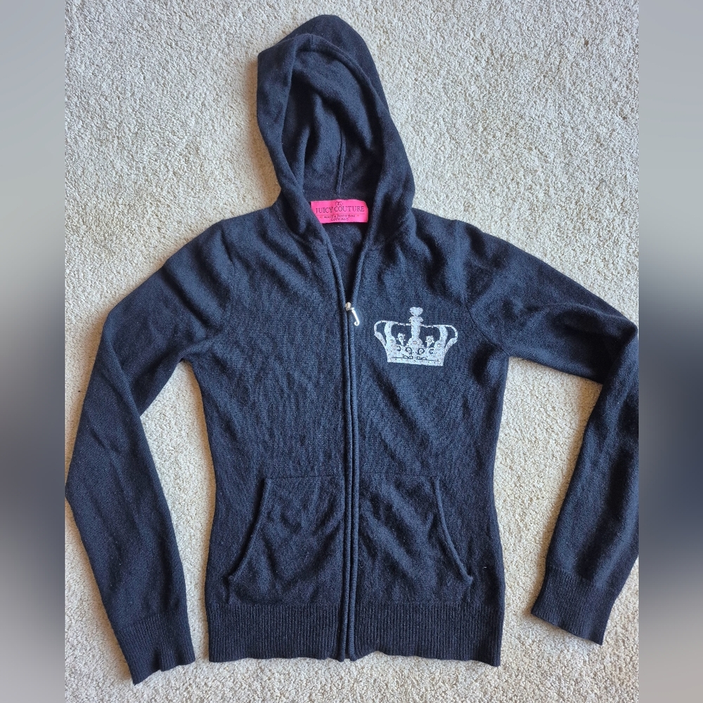 Rare Vintage Juicy Couture Black Crystal Crown Cashmere Hooded Jacket Size P